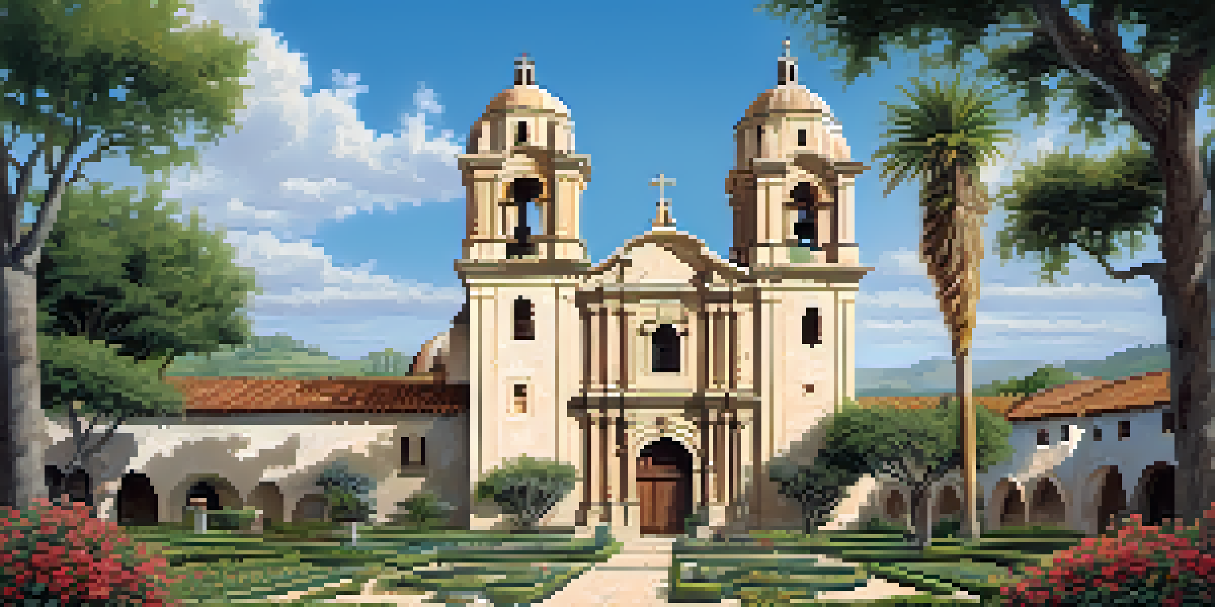 A beautiful image of Mission San José with a stone façade and ornate altars, surrounded by lush gardens and a clear blue sky.