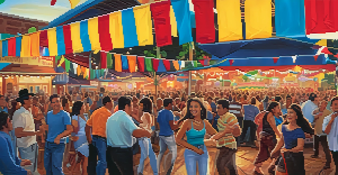 A lively crowd enjoying the Tejano Music Festival with musicians performing on stage and colorful decorations.