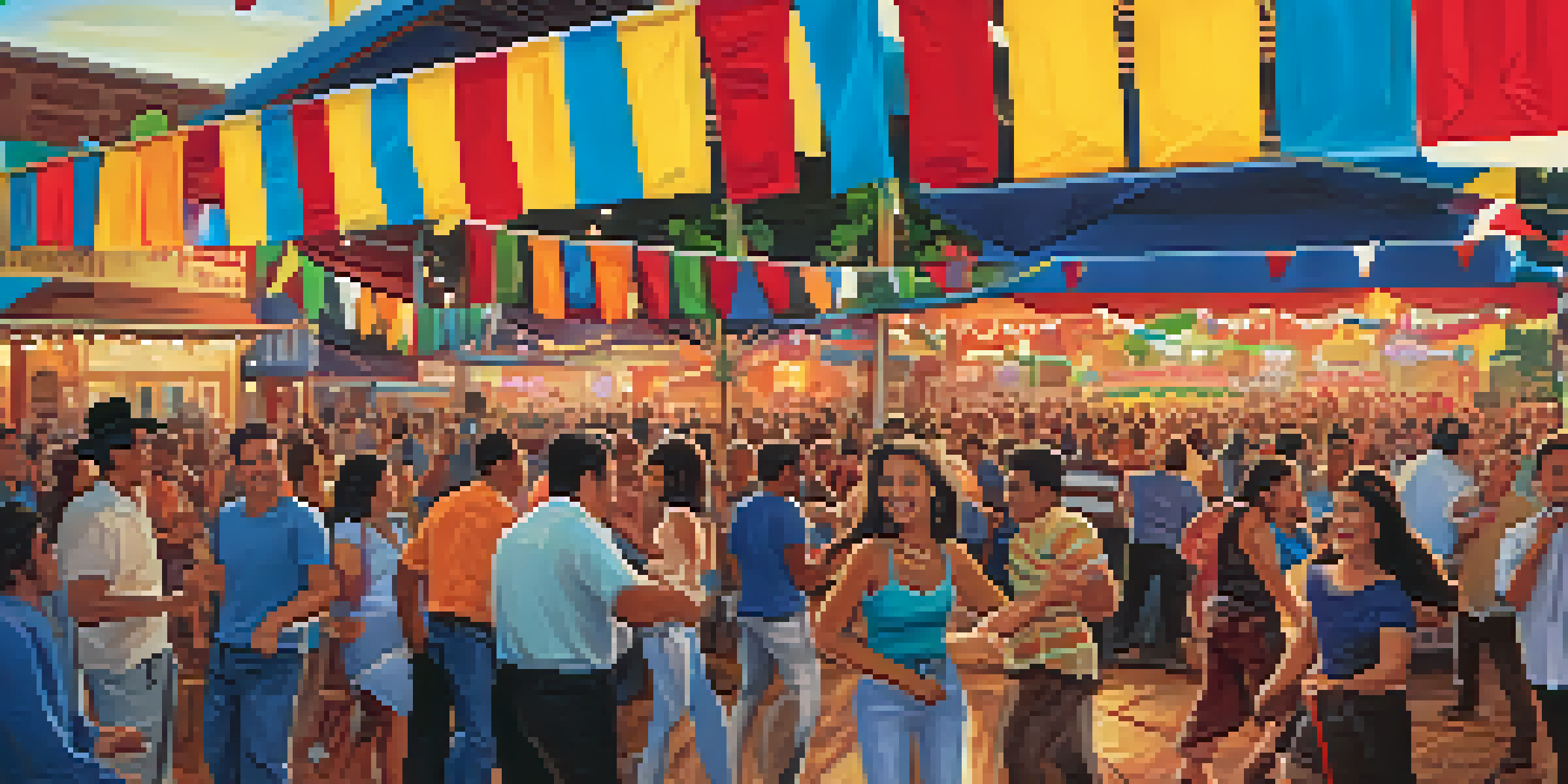 A lively crowd enjoying the Tejano Music Festival with musicians performing on stage and colorful decorations.