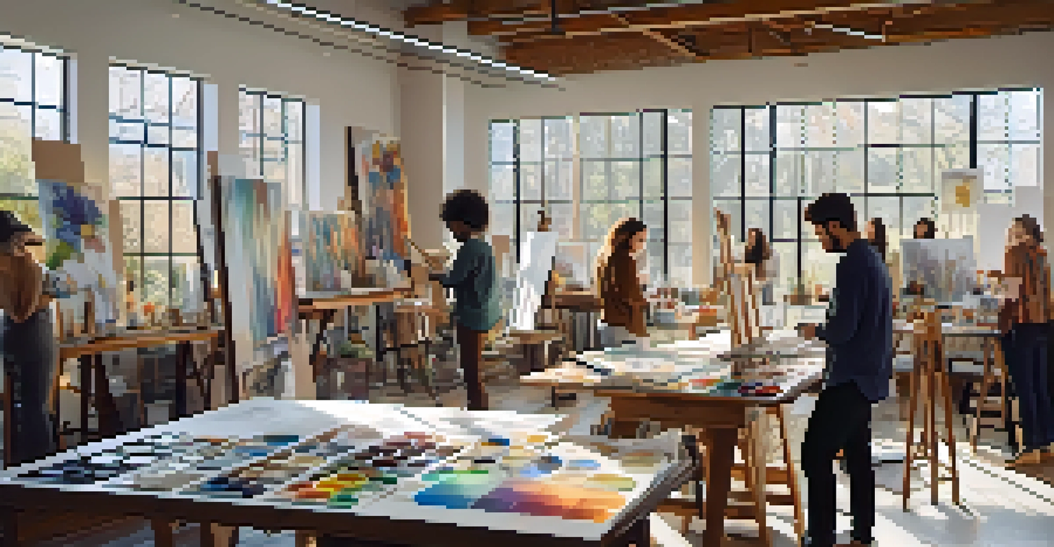 An artist's studio with diverse artists working together on a large canvas, surrounded by art supplies and natural light.