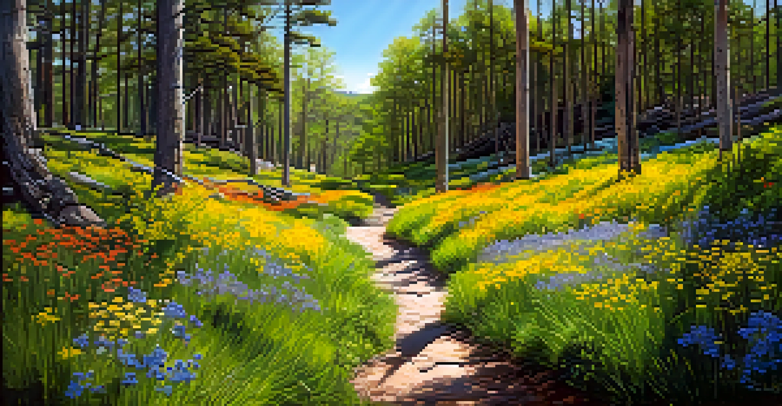 A hiking trail adorned with colorful wildflowers and sunlight filtering through trees, with a hiker enjoying the scenery.