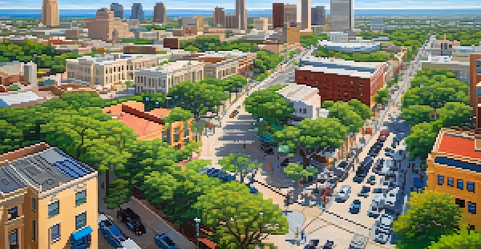 Aerial view of San Antonio highlighting diverse neighborhoods with modern and historic buildings, green parks, and busy streets.