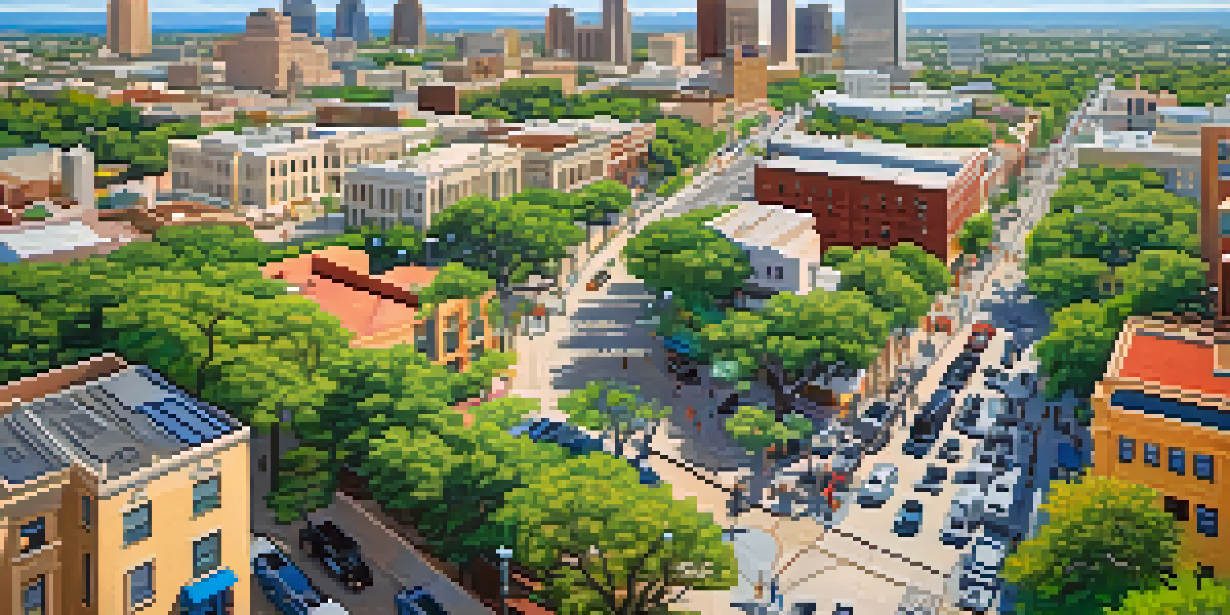 Aerial view of San Antonio highlighting diverse neighborhoods with modern and historic buildings, green parks, and busy streets.