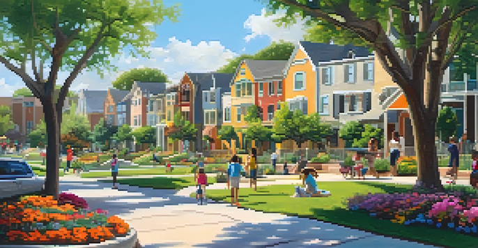 A vibrant neighborhood in San Antonio with children playing in a park and charming homes in the background.