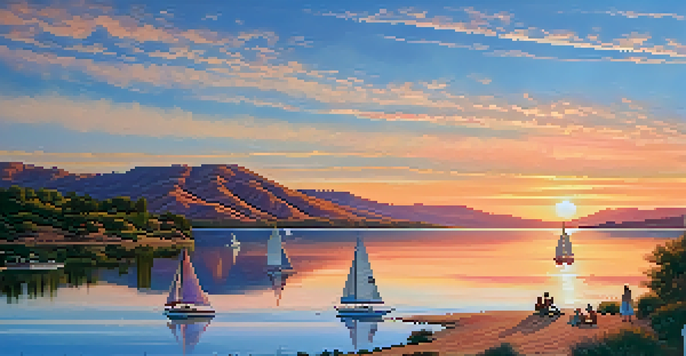 A calm sunset over Canyon Lake, showing a family picnicking by the shore with clear water reflecting the colorful sky.