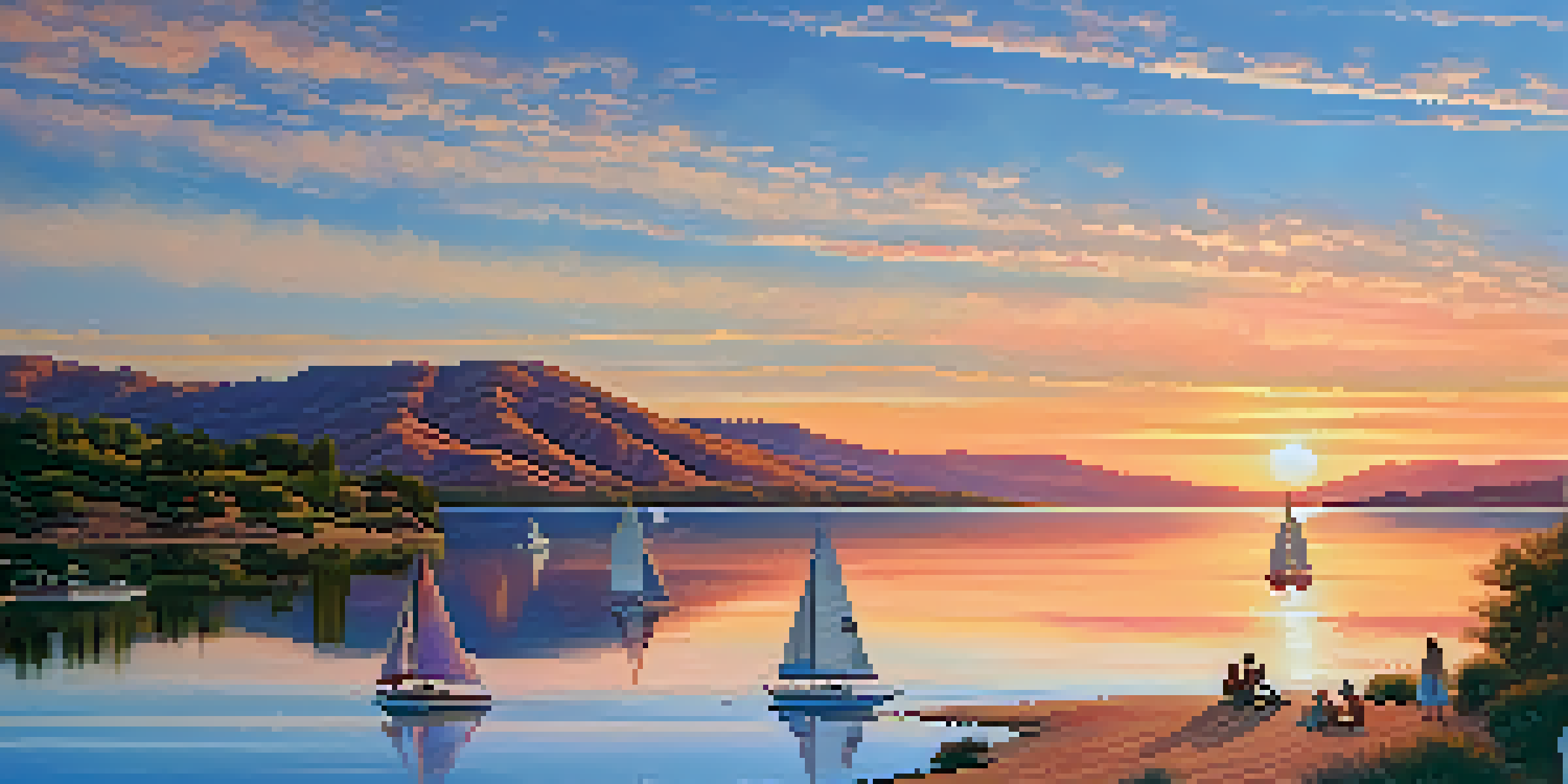 A calm sunset over Canyon Lake, showing a family picnicking by the shore with clear water reflecting the colorful sky.