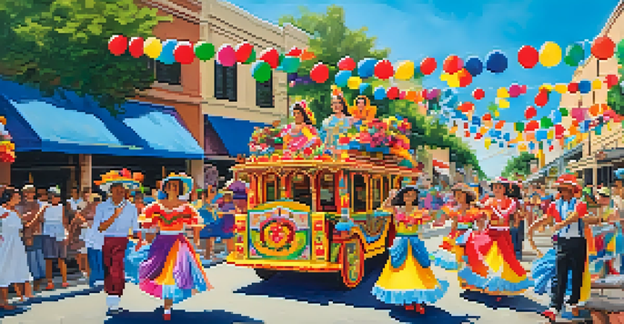 A lively festival scene with colorful floats and people in traditional costumes celebrating Fiesta in San Antonio.