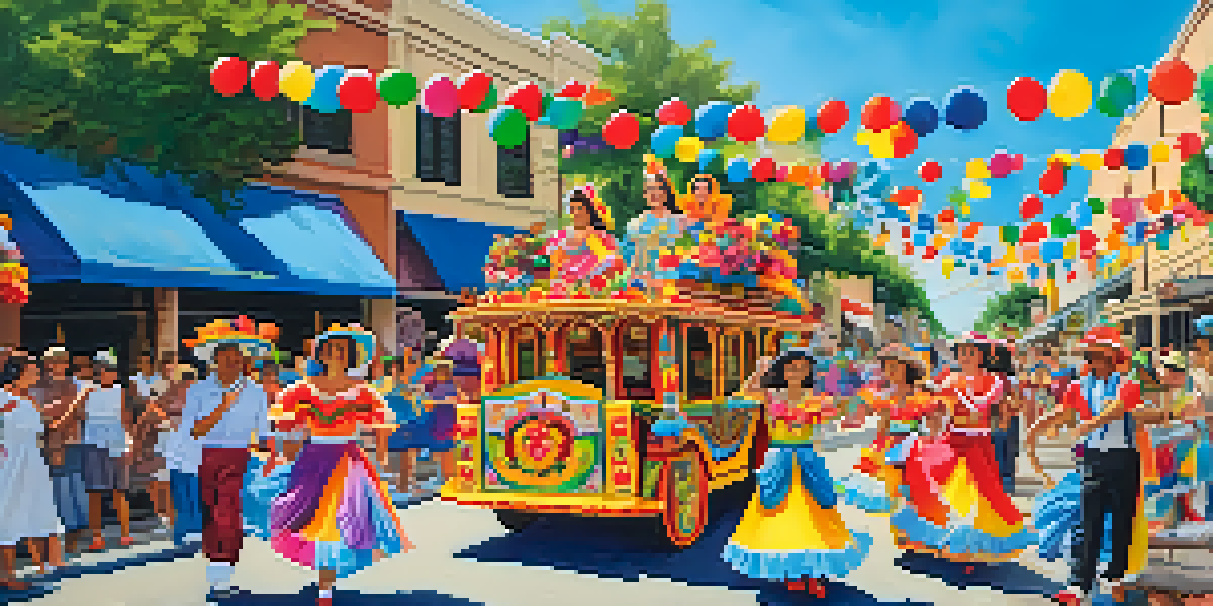 A lively festival scene with colorful floats and people in traditional costumes celebrating Fiesta in San Antonio.