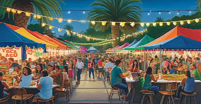 A lively taco festival scene with colorful stalls, people enjoying tacos, and festive decorations.