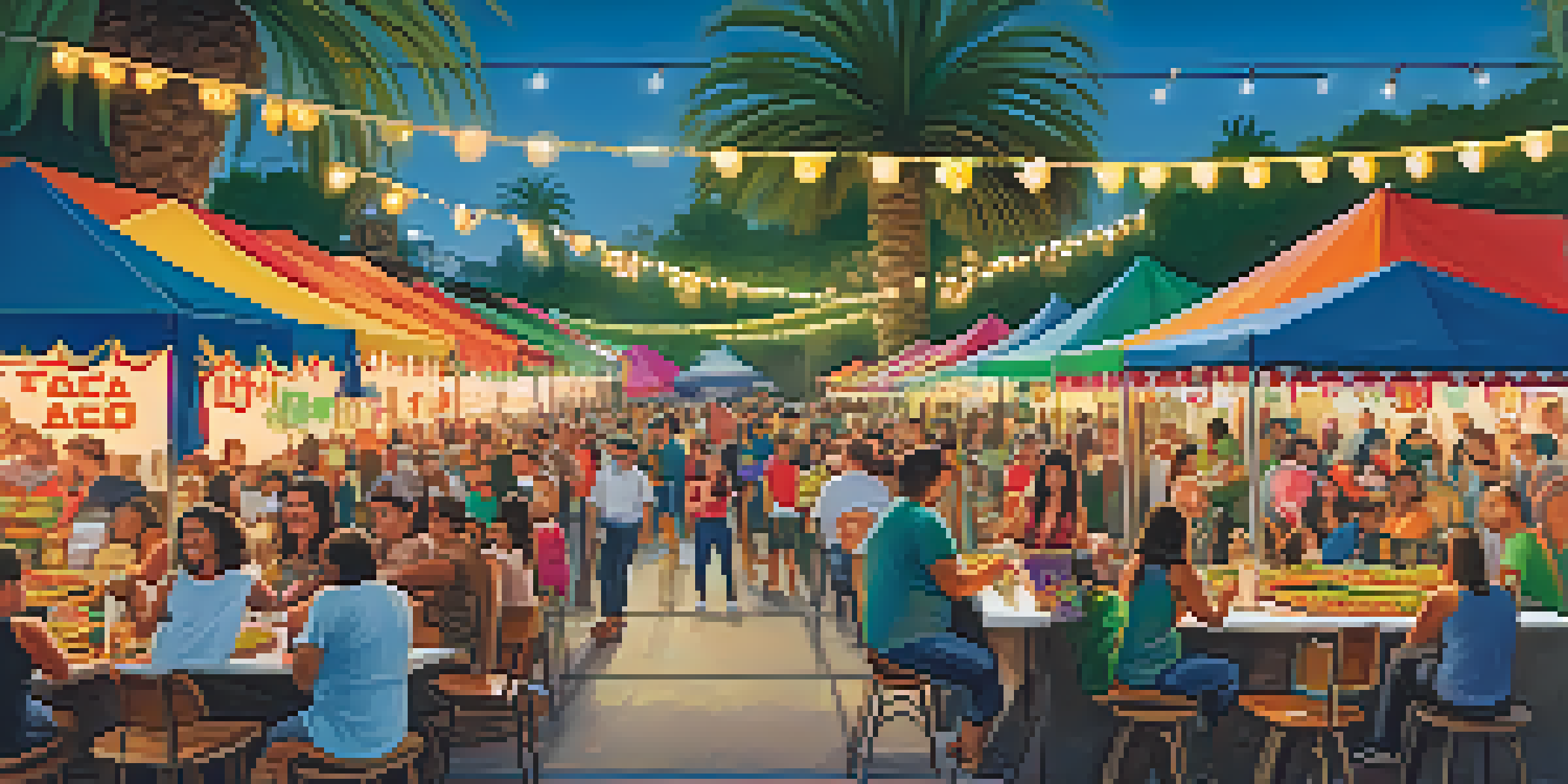 A lively taco festival scene with colorful stalls, people enjoying tacos, and festive decorations.