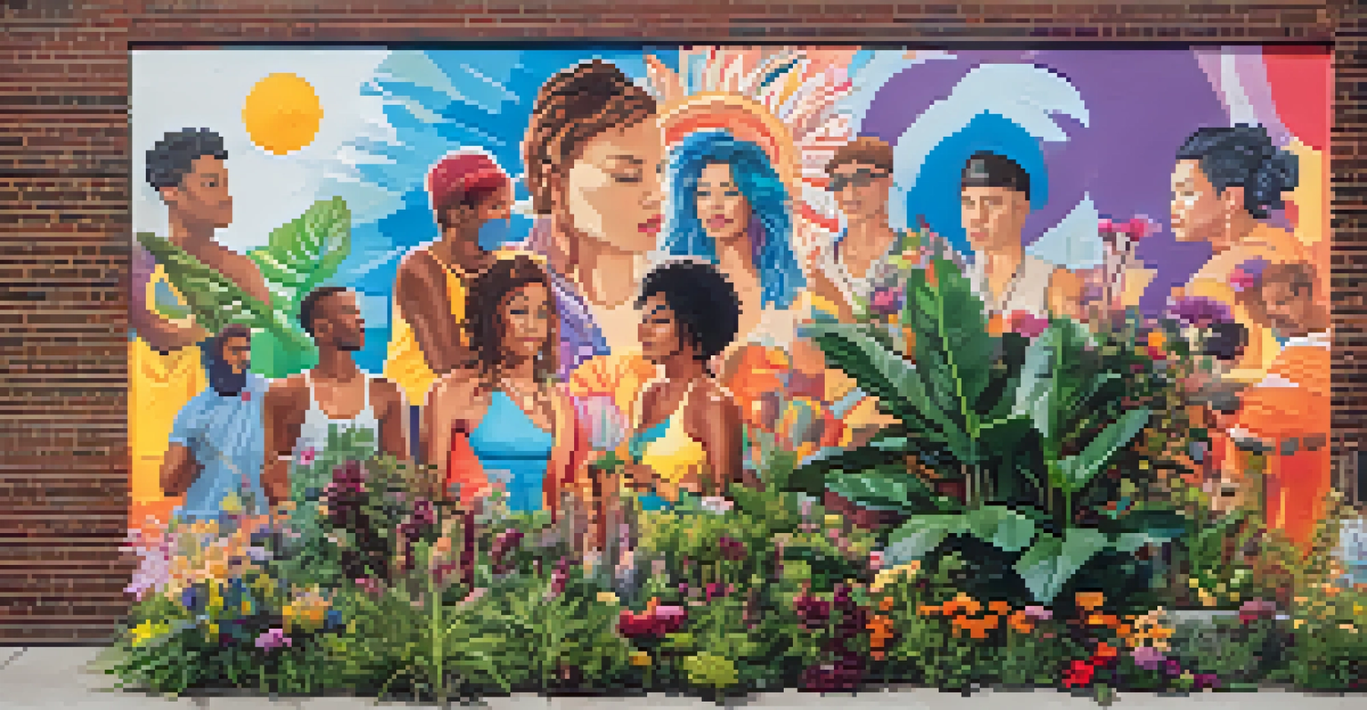 A colorful mural celebrating LGBTQ+ culture on a brick wall, surrounded by greenery, with people admiring the artwork.