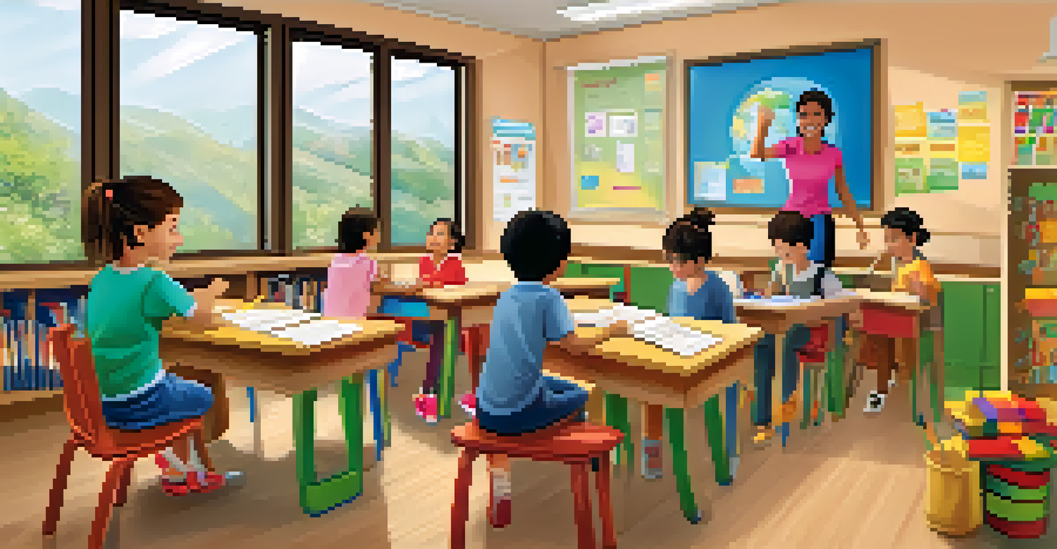 A language immersion classroom with children learning Spanish, featuring educational posters and a friendly teacher leading an interactive activity.