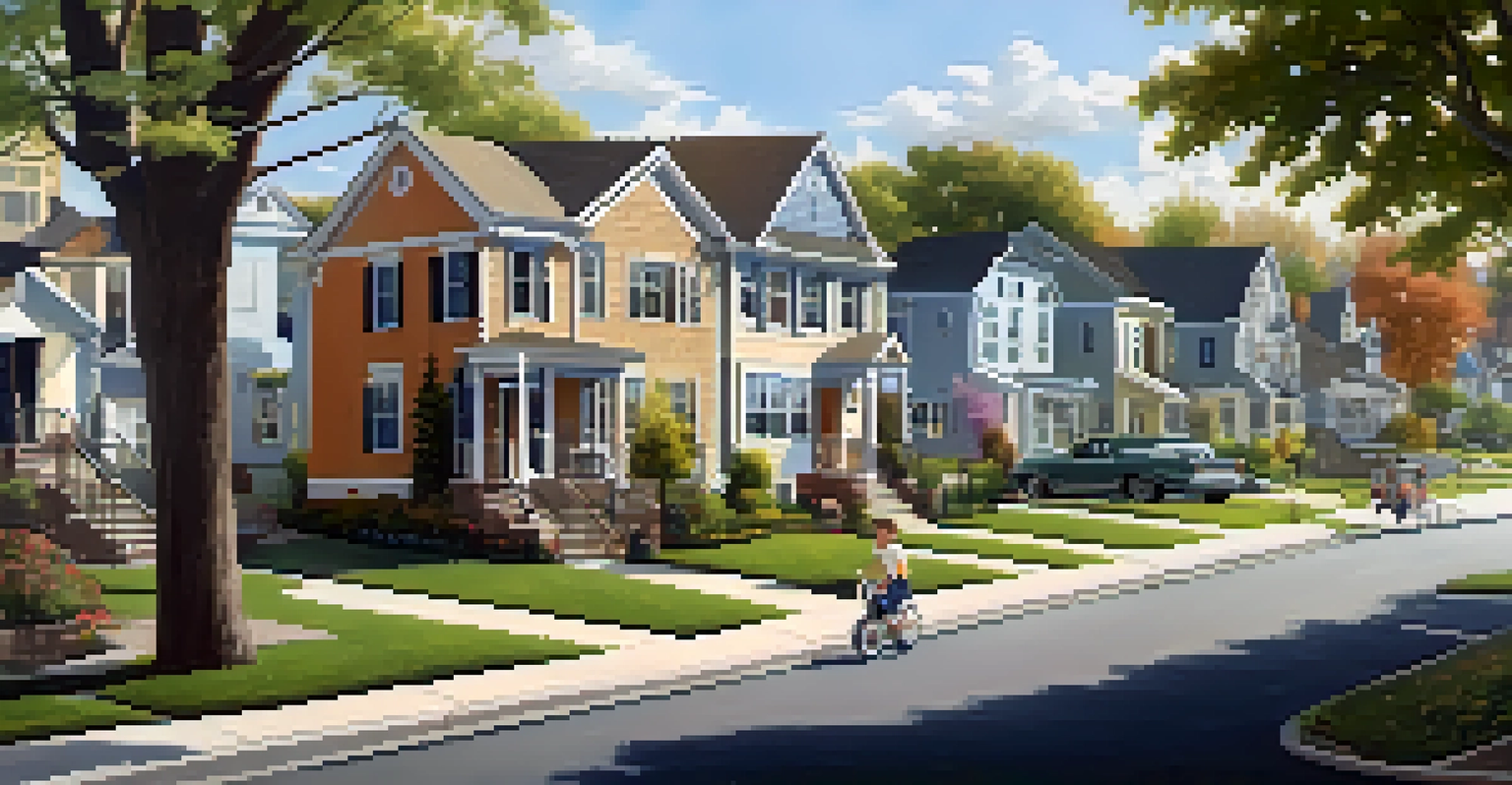 A peaceful suburban neighborhood with single-family homes and children playing in a park.