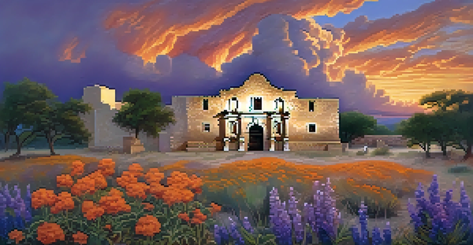A sunset view of the Alamo with Texian defenders and wildflowers in the foreground.