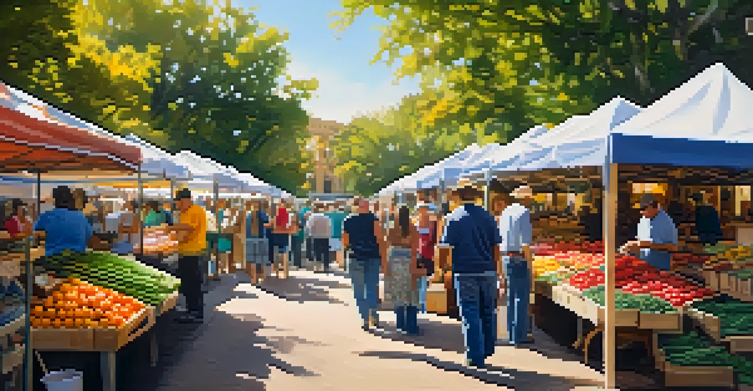 A bustling farmers' market with colorful produce, artisanal goods, and happy people shopping.