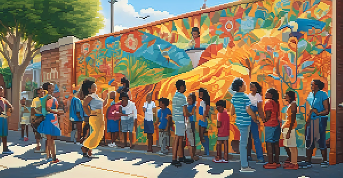 A colorful mural illustrating a community gathering with diverse people involved in art activities in an urban setting.