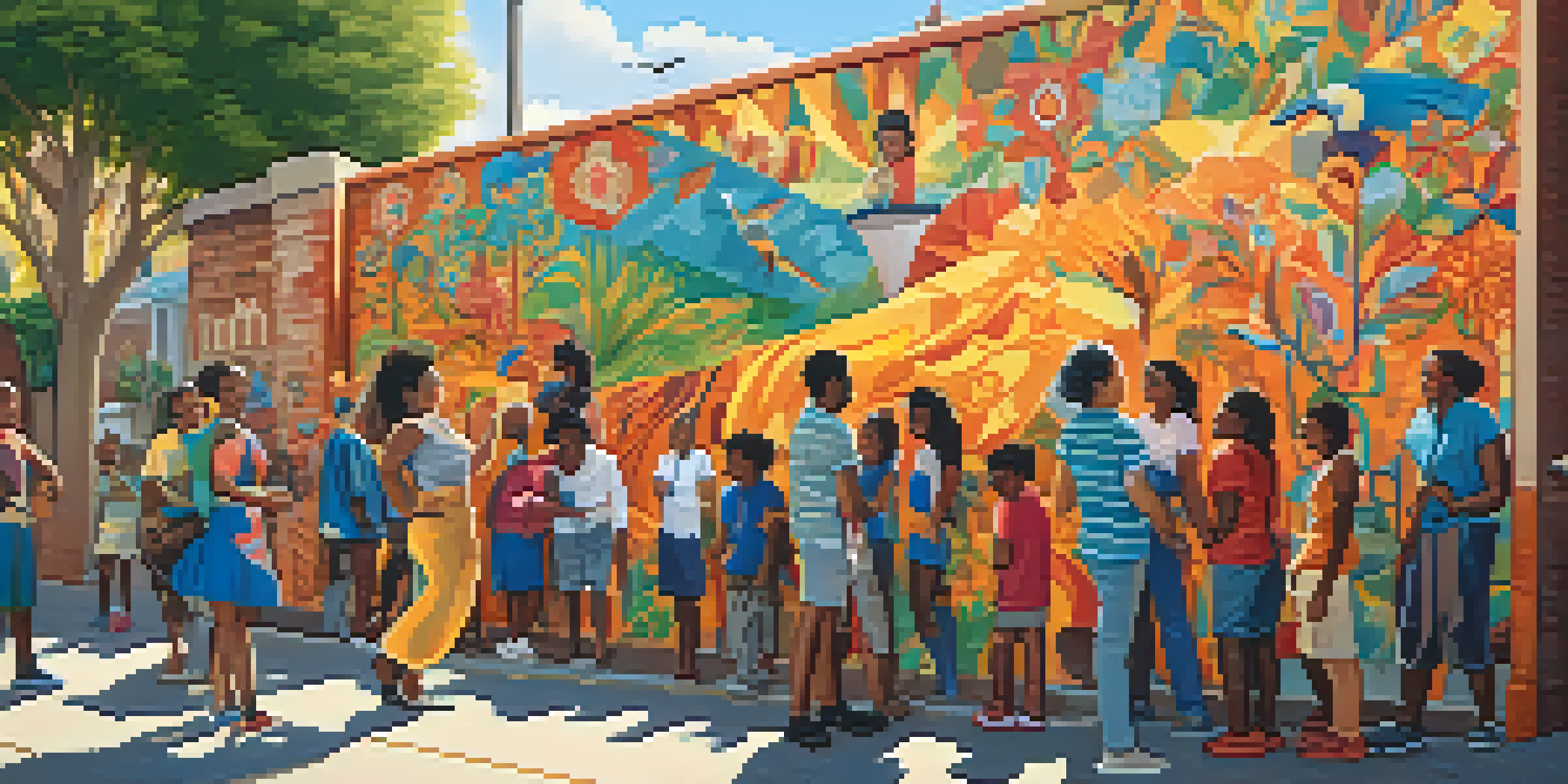 A colorful mural illustrating a community gathering with diverse people involved in art activities in an urban setting.