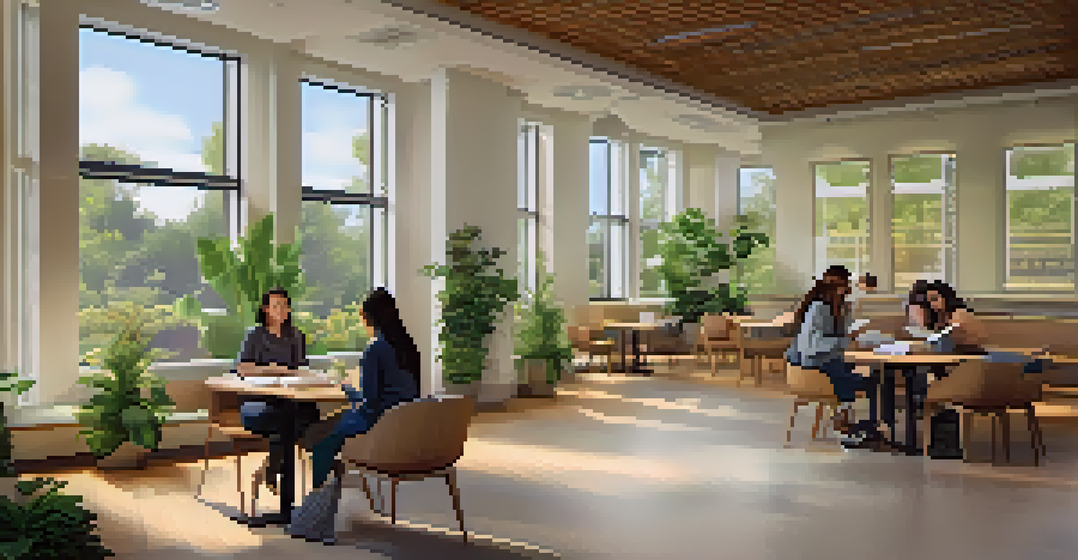 A cozy study area in a university setting with students reading and relaxing, illuminated by natural light and adorned with plants.