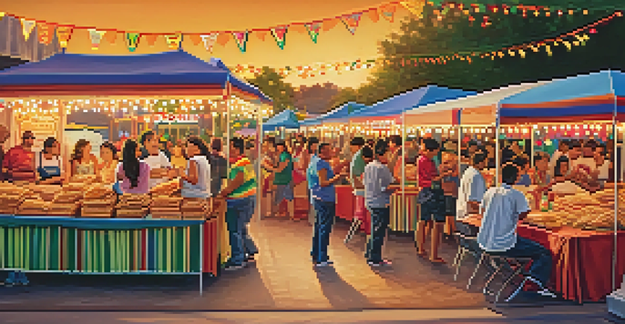 A family-friendly festival scene with people enjoying food booths offering tamales and tacos, surrounded by colorful decorations and warm sunlight.