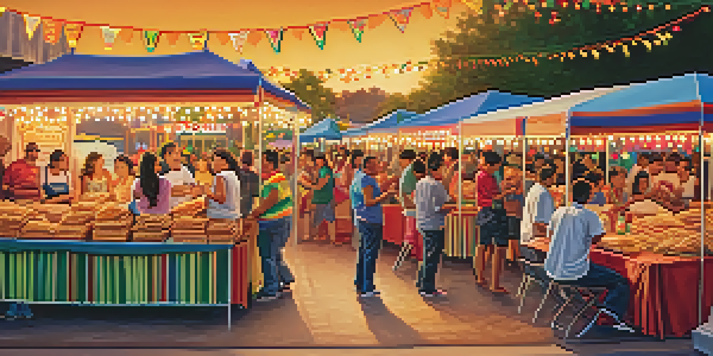 A family-friendly festival scene with people enjoying food booths offering tamales and tacos, surrounded by colorful decorations and warm sunlight.