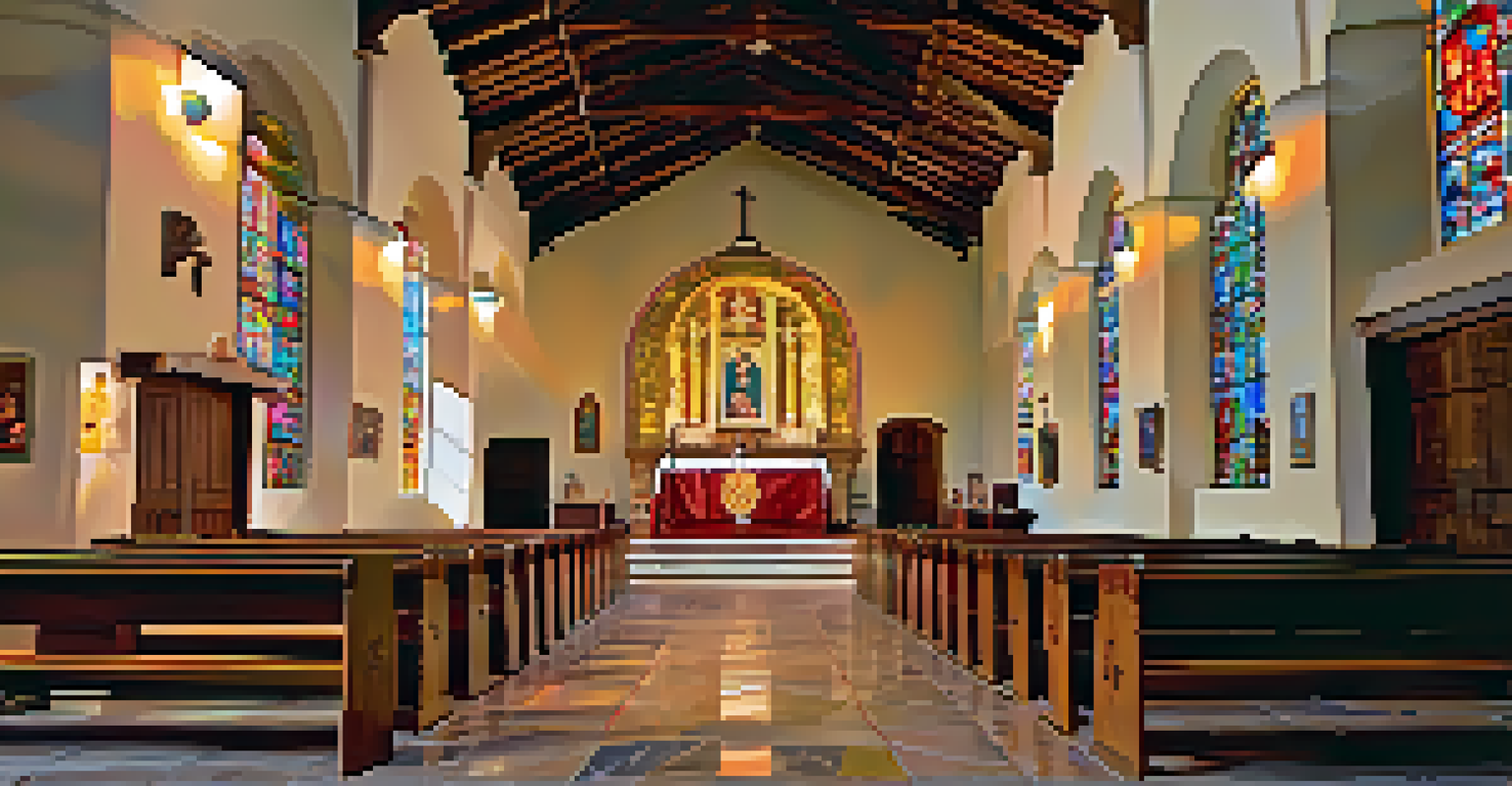 The interior of the Mission San José church, featuring a beautifully adorned altar and colorful light from stained glass windows.