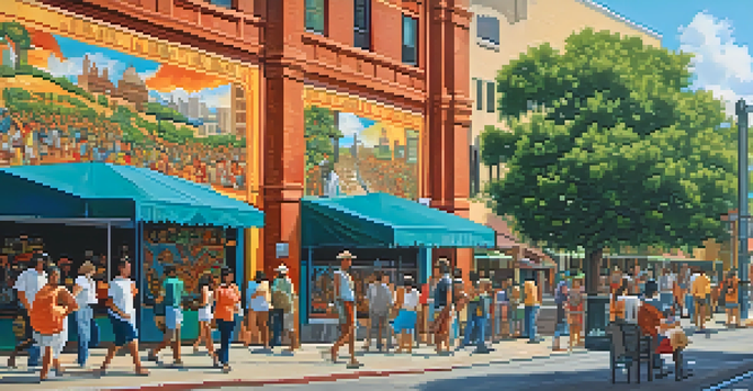 A lively street scene in San Antonio featuring a colorful mural, with people admiring the art and vintage buildings in the background.