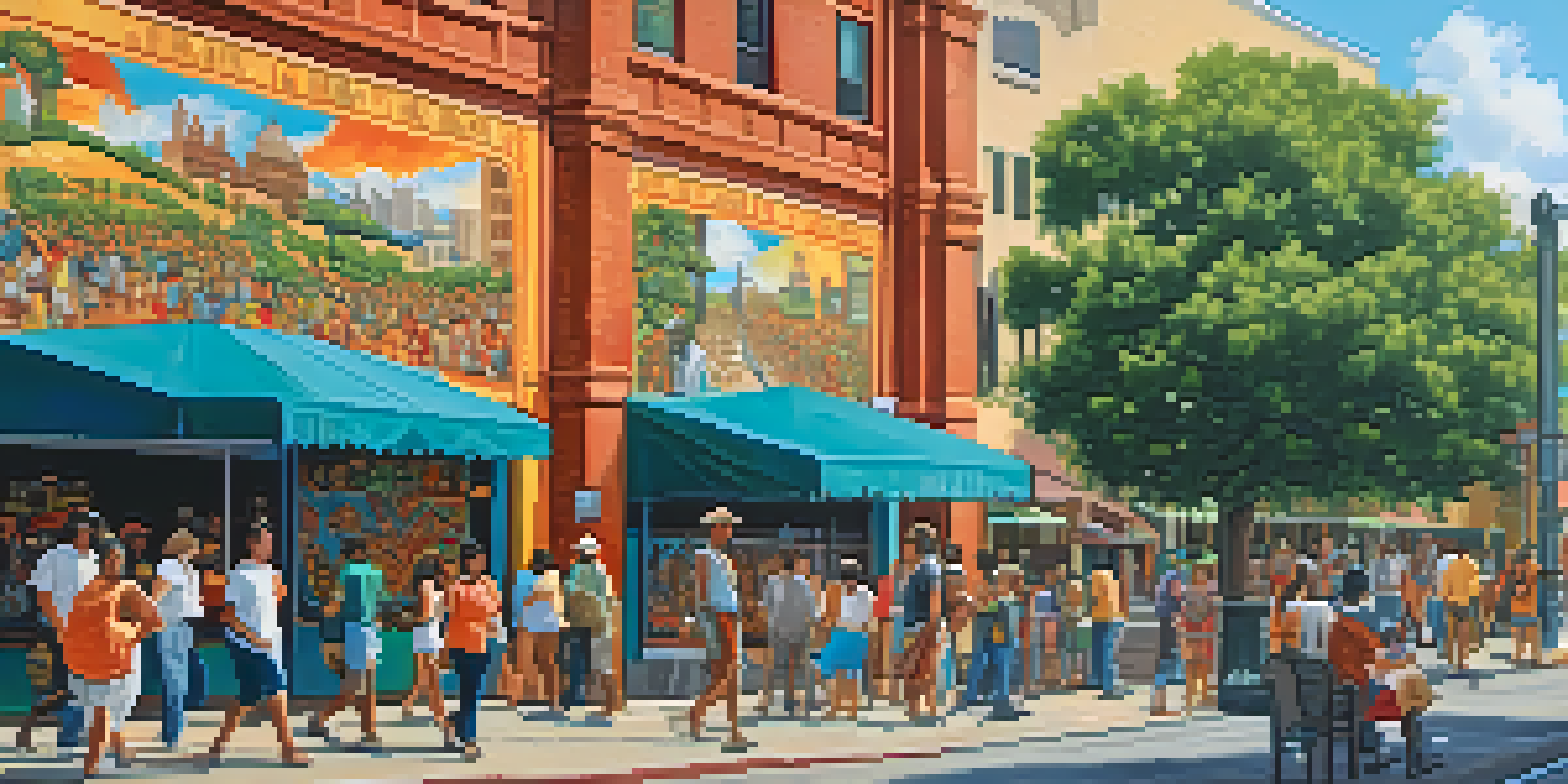 A lively street scene in San Antonio featuring a colorful mural, with people admiring the art and vintage buildings in the background.