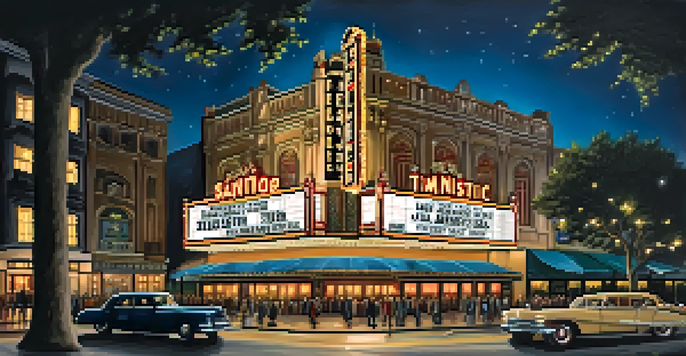 A nighttime view of the Majestic Theatre in San Antonio, brightly lit with its marquee, surrounded by excited people in elegant clothing and twinkling lights in the trees.