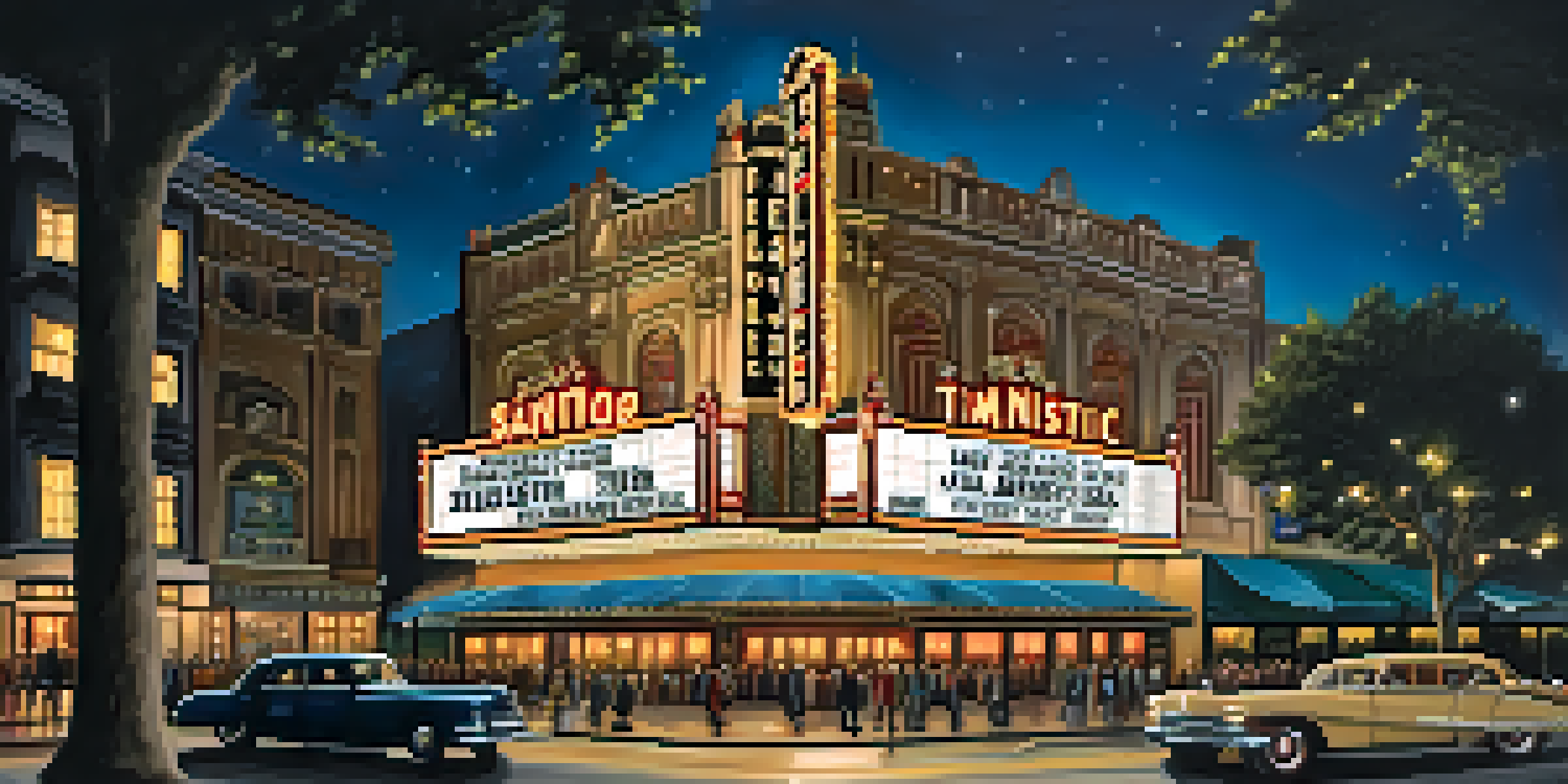 A nighttime view of the Majestic Theatre in San Antonio, brightly lit with its marquee, surrounded by excited people in elegant clothing and twinkling lights in the trees.