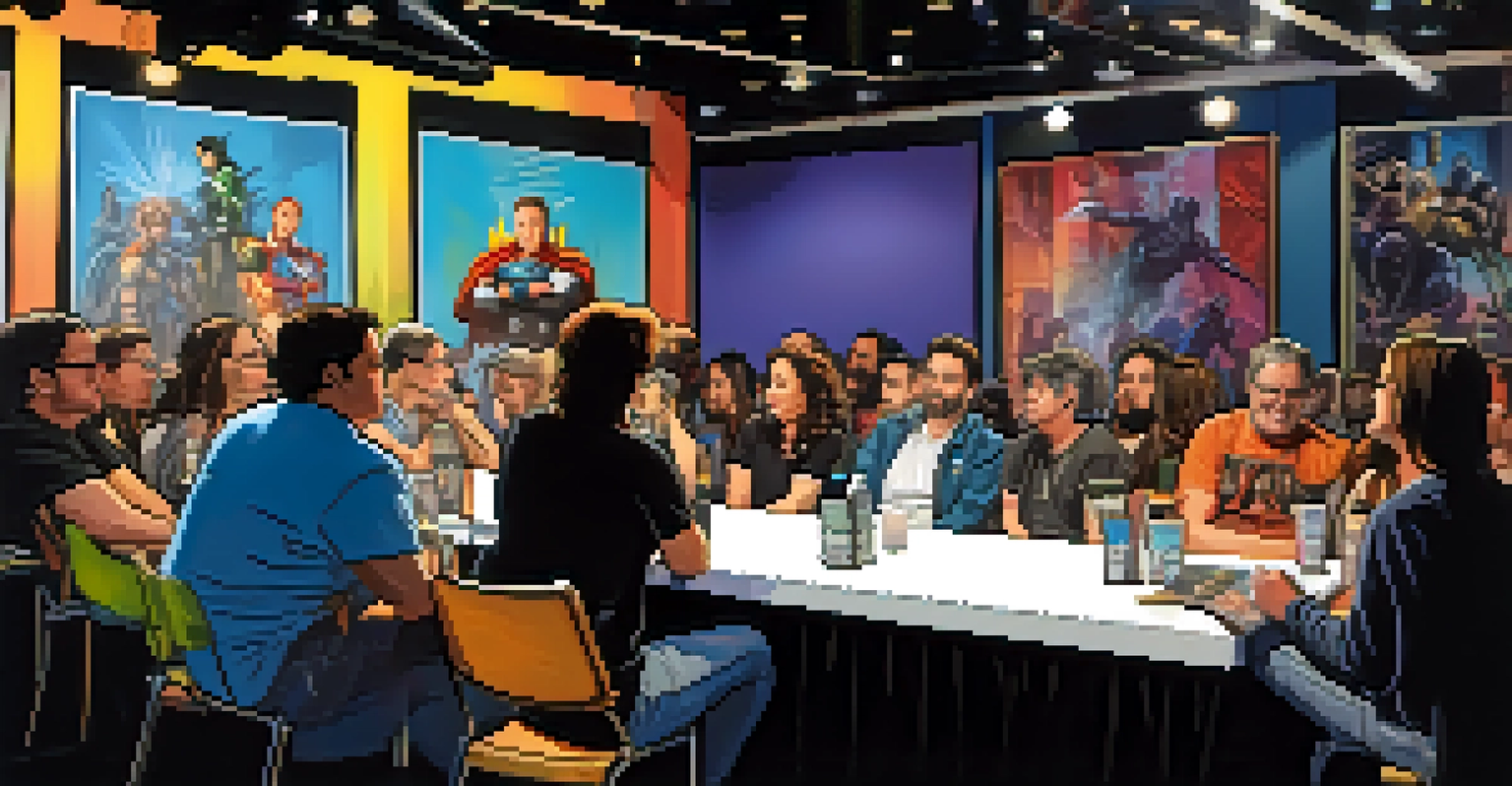 A comic book writer discussing their work on stage during a panel at the comic convention, with an engaged audience.