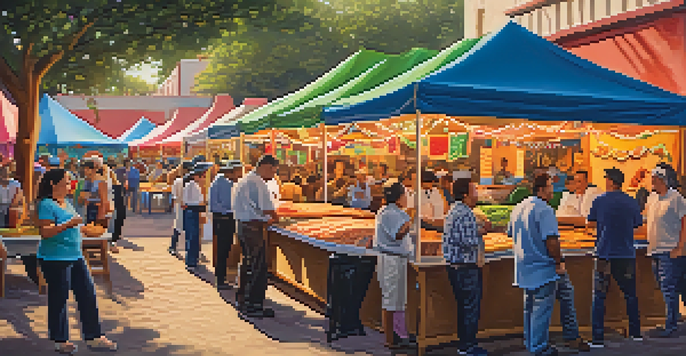 An outdoor food festival in San Antonio with colorful food stalls and chefs preparing Tex-Mex dishes, surrounded by a lively crowd and musicians.