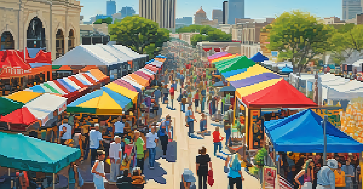 A lively outdoor art fair in San Antonio with artists showcasing their work and community members admiring the art, under a bright sky.