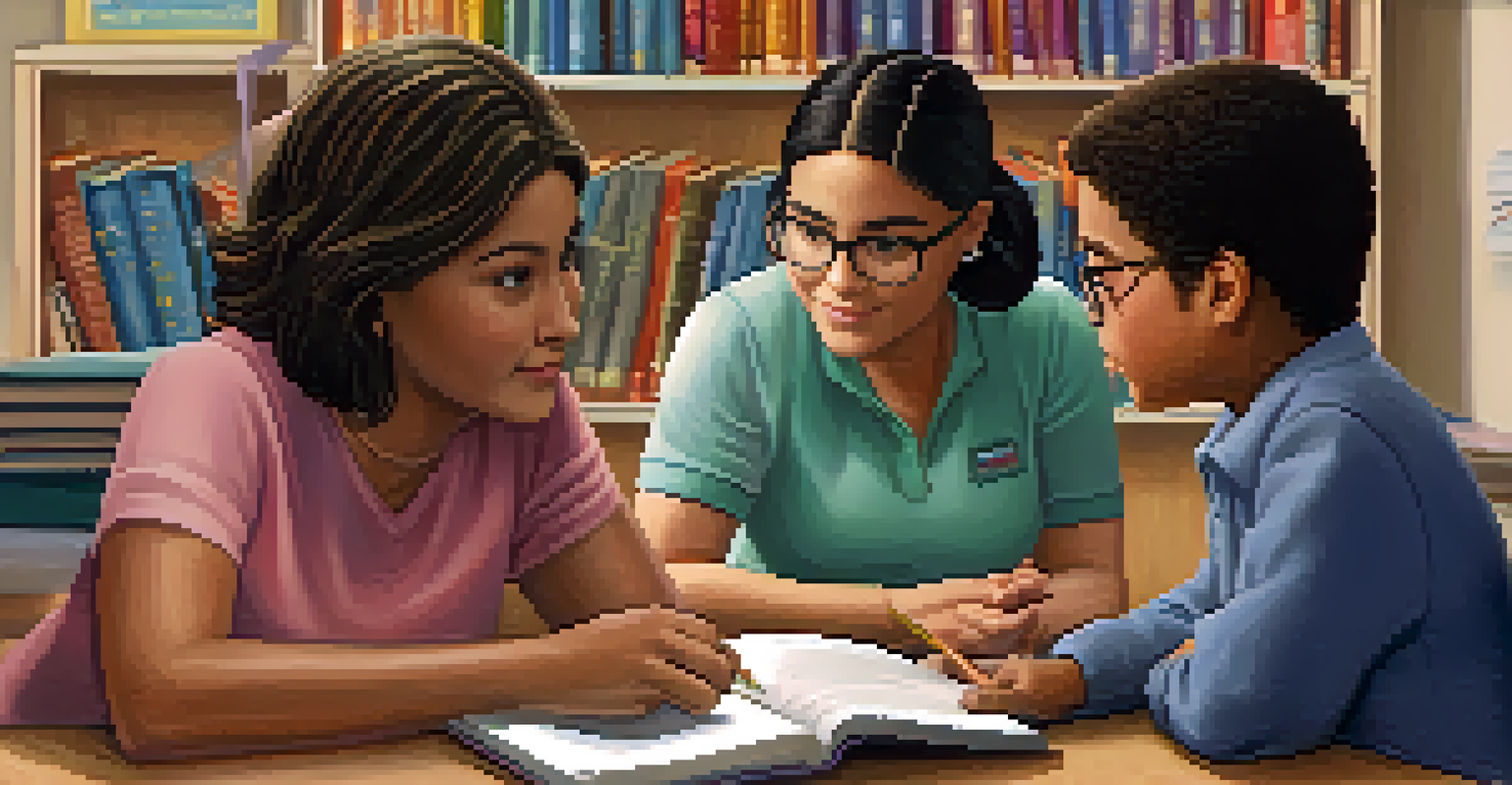 A teacher and a young student engaged in a conversation at a desk in a cozy classroom, with bookshelves in the background.