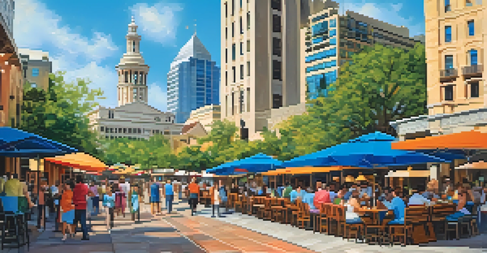A vibrant downtown San Antonio scene with modern skyscrapers and historic buildings, featuring the River Walk with people at outdoor cafes under a bright blue sky.
