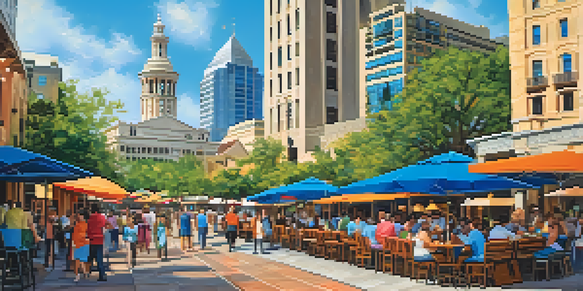A vibrant downtown San Antonio scene with modern skyscrapers and historic buildings, featuring the River Walk with people at outdoor cafes under a bright blue sky.