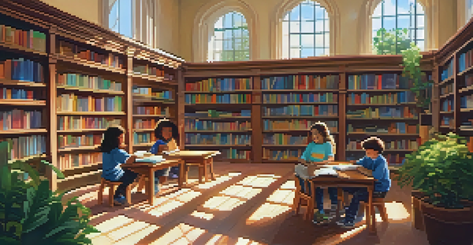A public library interior with students reading and studying among bookshelves, illuminated by sunlight.