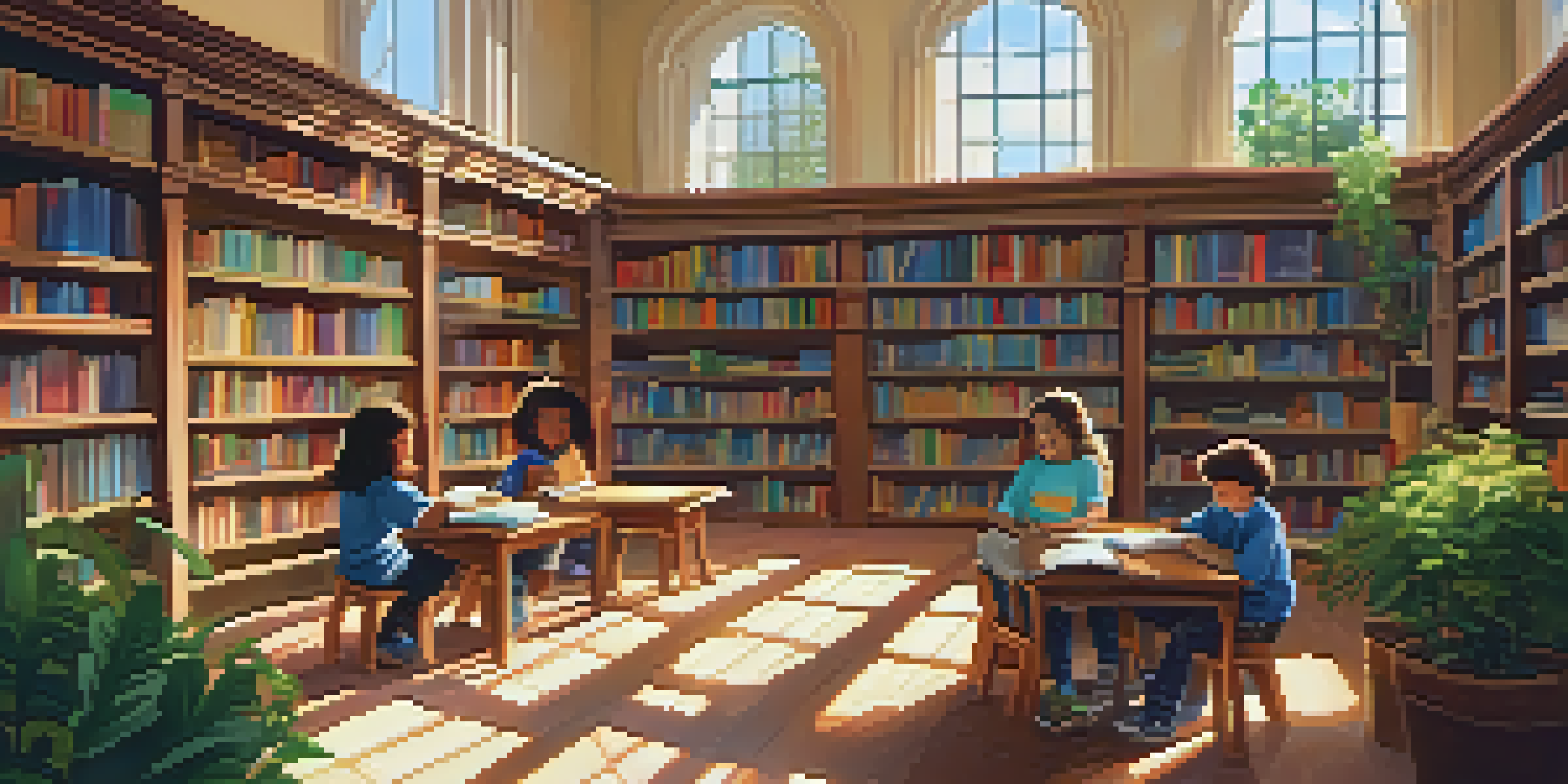 A public library interior with students reading and studying among bookshelves, illuminated by sunlight.