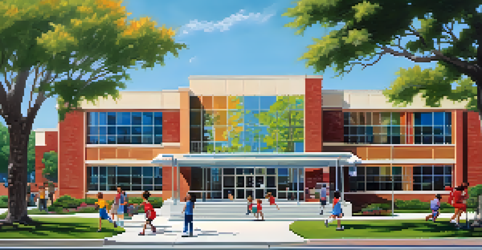 An inviting public school building in San Antonio with modern architecture, vibrant landscaping, and children playing in the playground.