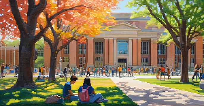 A lively university campus with students studying under trees in spring, surrounded by modern buildings and colorful banners.