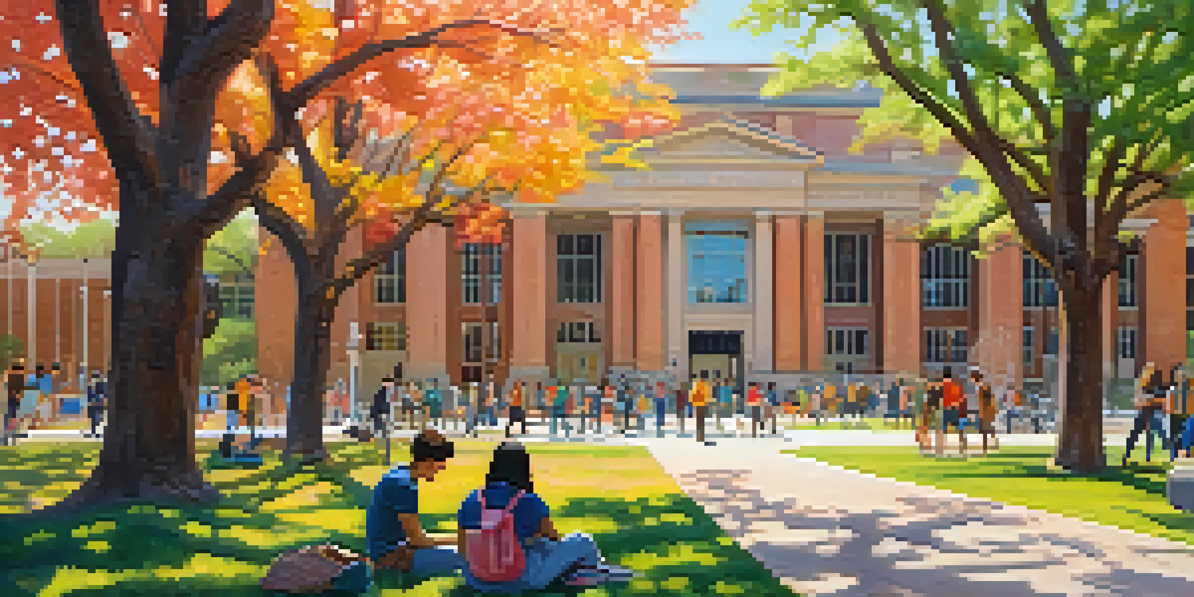 A lively university campus with students studying under trees in spring, surrounded by modern buildings and colorful banners.