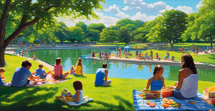 Families having a picnic in Brackenridge Park, with children playing on a playground and the San Antonio River in the background.