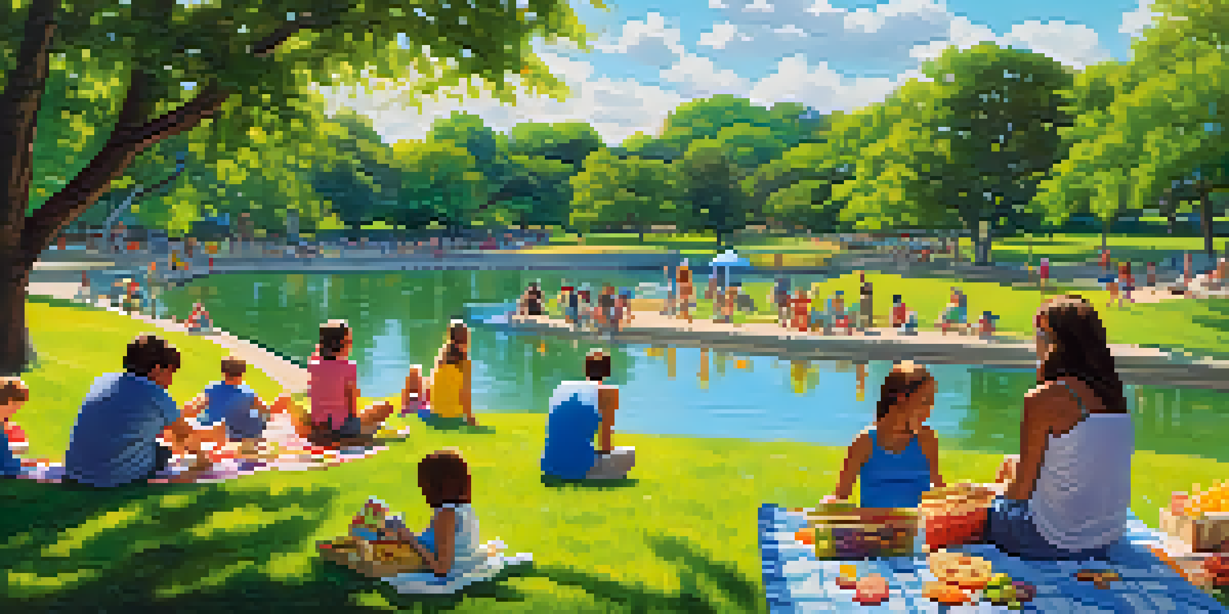 Families having a picnic in Brackenridge Park, with children playing on a playground and the San Antonio River in the background.
