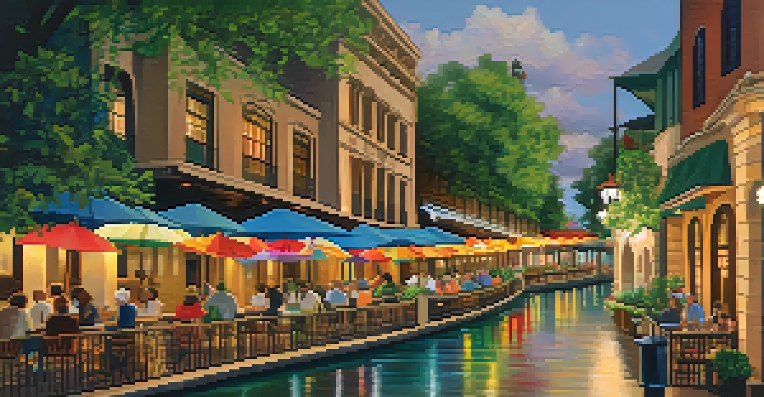 Aerial view of the lively San Antonio River Walk with outdoor dining and lush greenery.