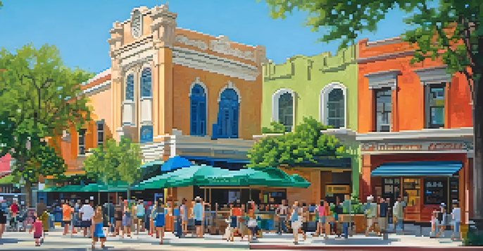 A lively street scene in San Antonio with historic and modern architecture, a green park, families, and colorful murals.