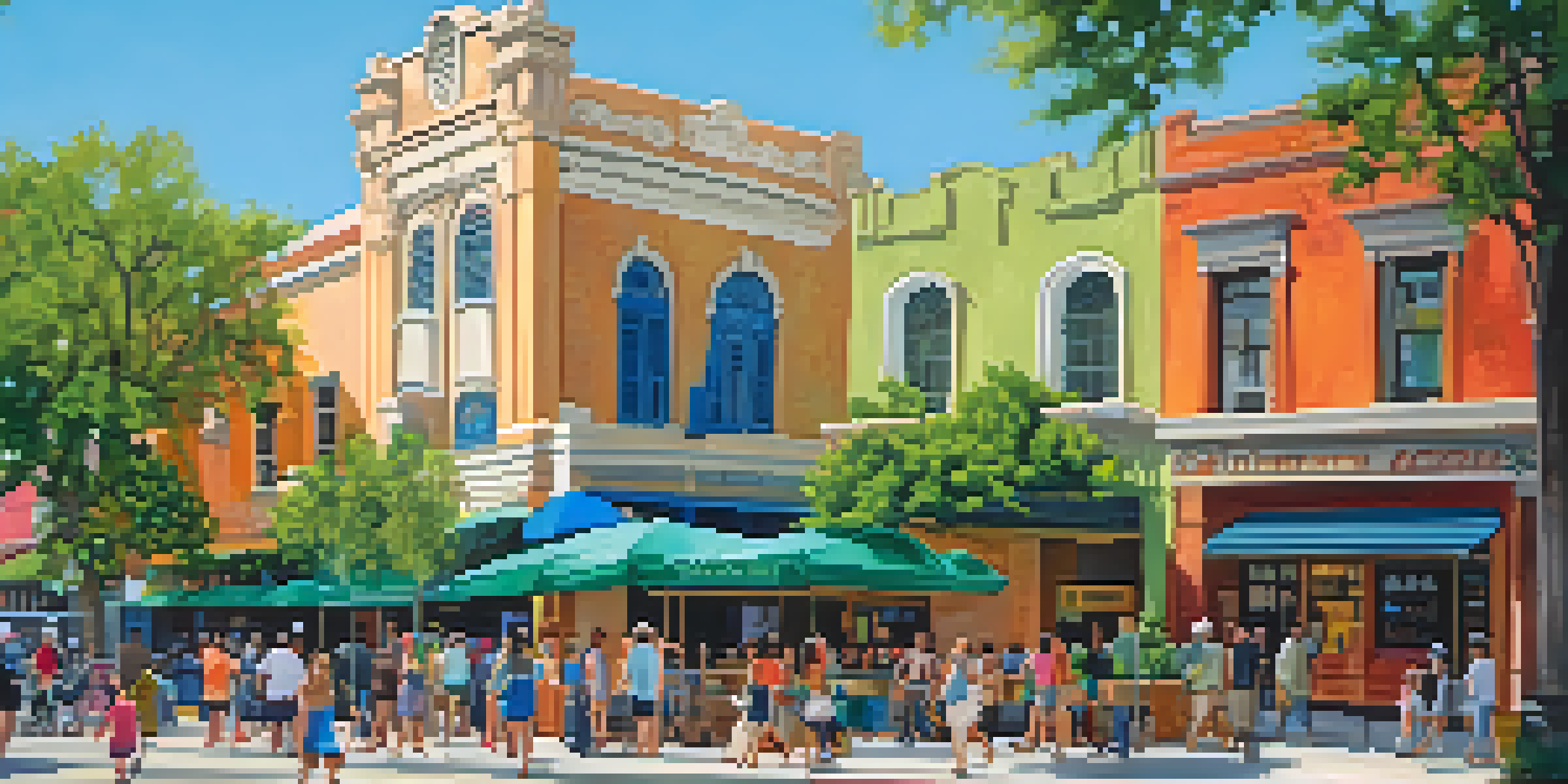 A lively street scene in San Antonio with historic and modern architecture, a green park, families, and colorful murals.