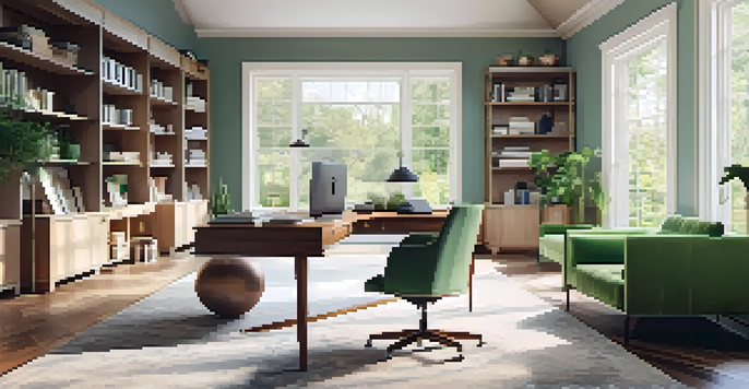 A bright home office with large windows, a modern desk, and a view of a garden.