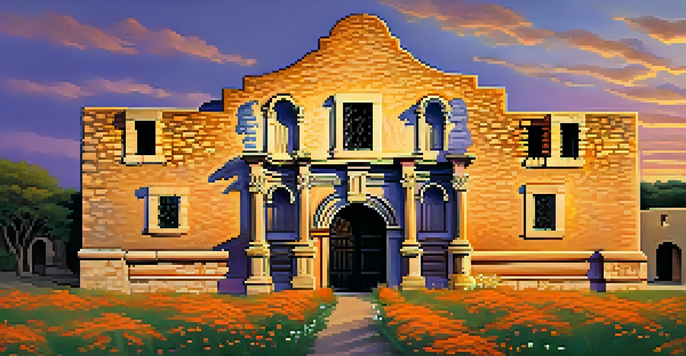 The Alamo at sunset, with warm golden light illuminating its iconic chapel, surrounded by green grass and wildflowers.