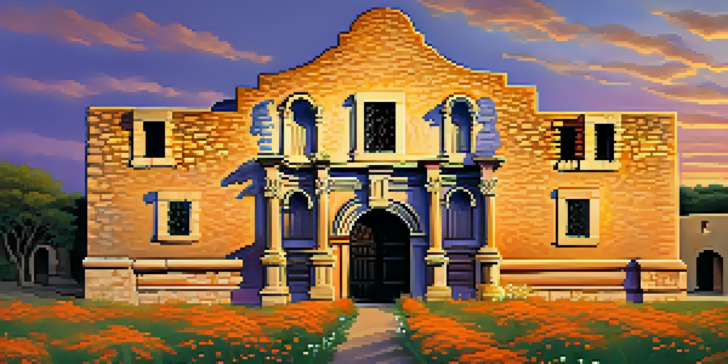 The Alamo at sunset, with warm golden light illuminating its iconic chapel, surrounded by green grass and wildflowers.