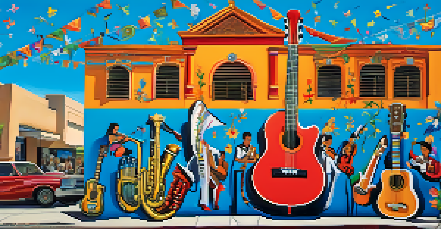 A vibrant mural in San Antonio featuring local musicians from various genres, surrounded by flowers and cultural symbols against a bright blue sky.