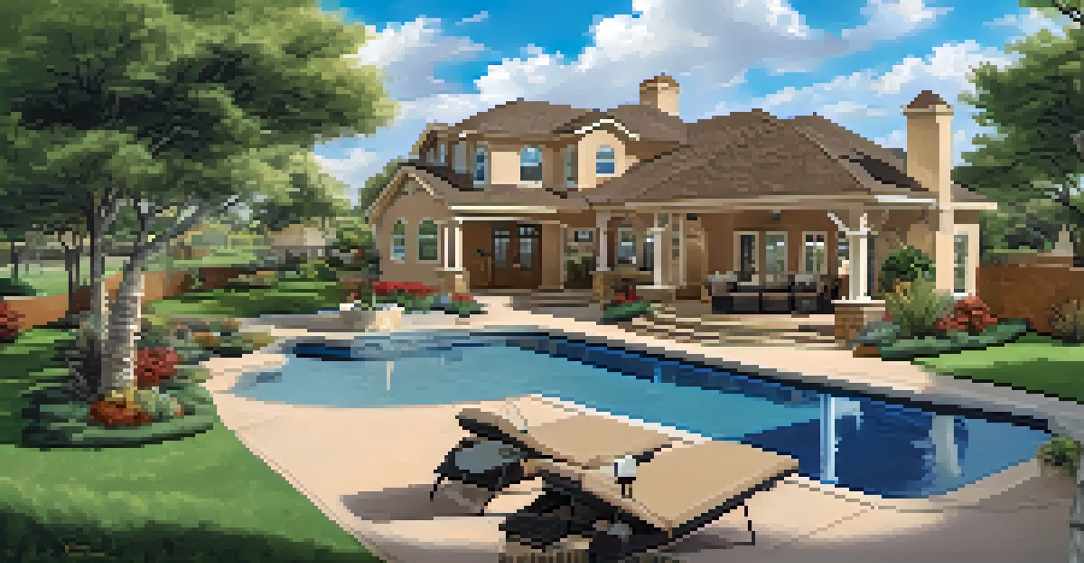 A charming San Antonio home with a manicured lawn and a digital virtual tour overlay against a blue sky.